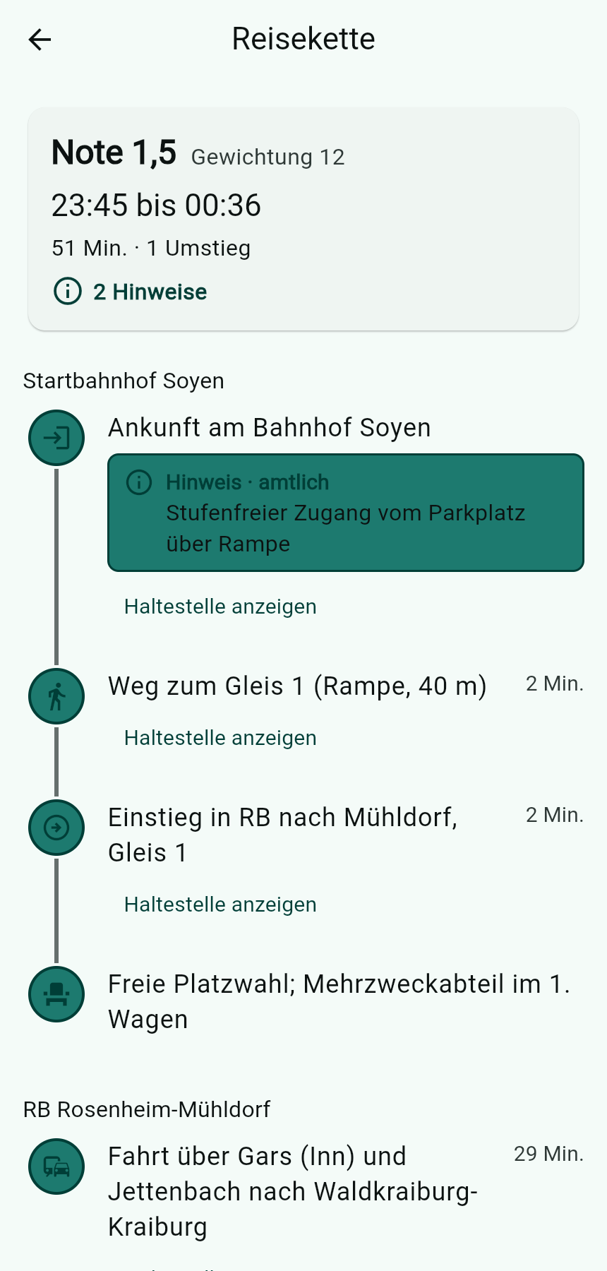 App-Ansicht Reisekette: Schritte Ankunft am Bahnhof Soyen, Weg zum Gleis 1 über Rampe, Einstieg in RB, Platzwahl im Mehrzweckabteil