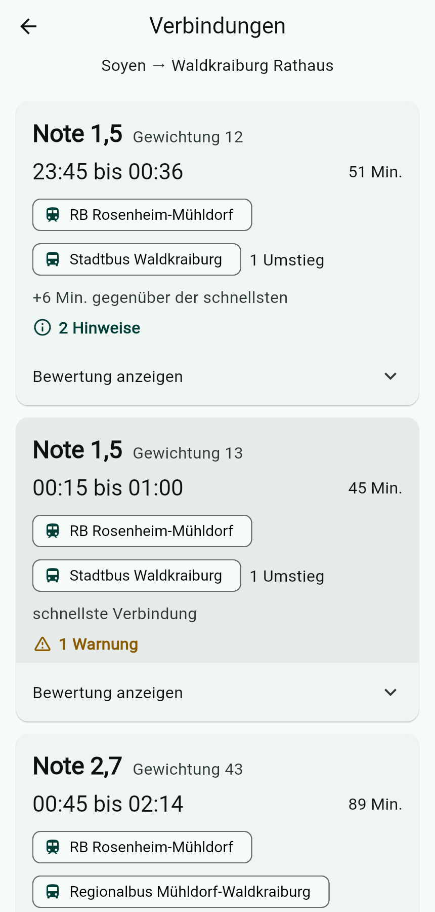 App-Ansicht Verbindungen: drei Verbindungen von Soyen nach Waldkraiburg Rathaus mit Note 1,5 bis 2,7, Hinweisen und Warnungen